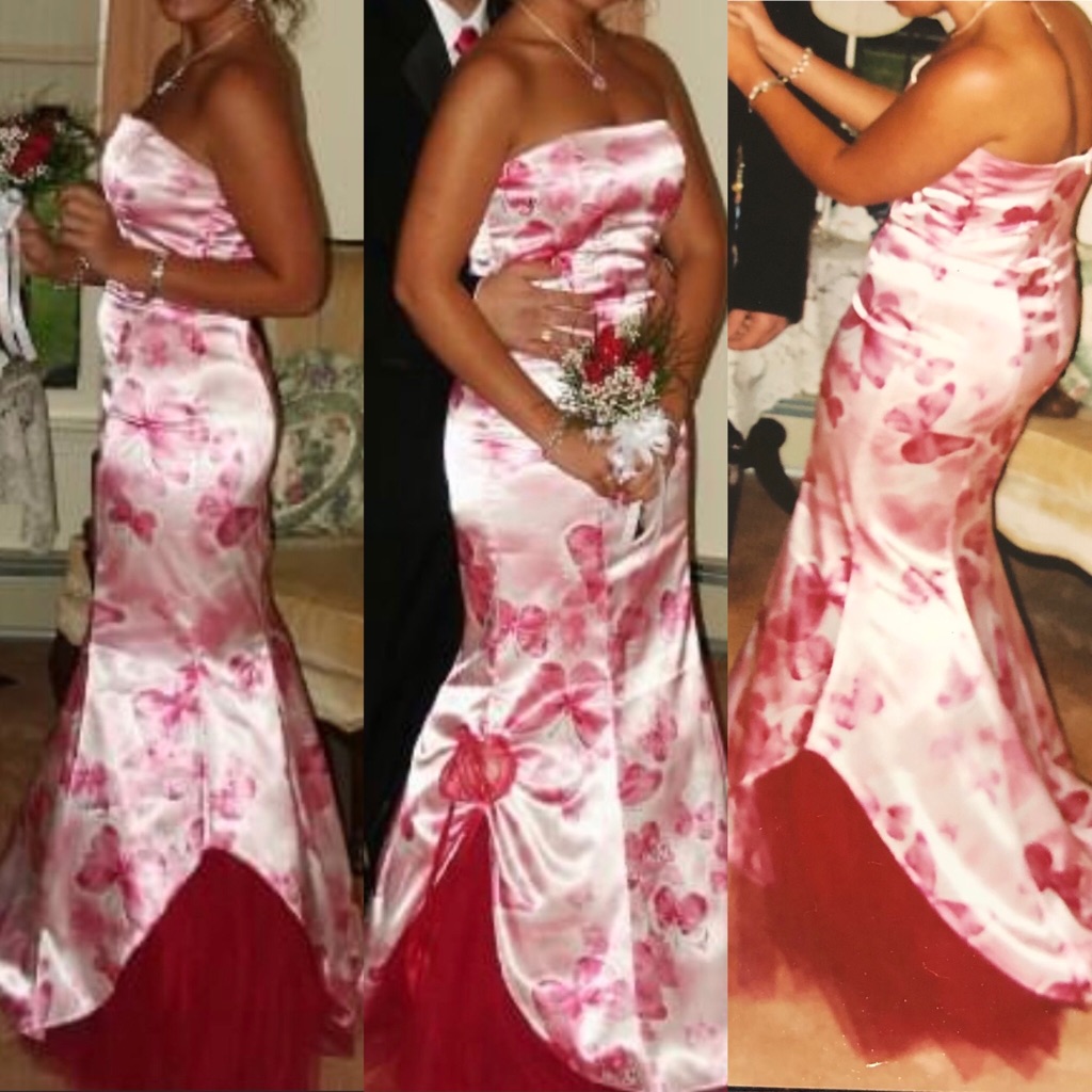 Vintage 2005 Hot Pink Mermaid Style Strapless Butterfly Print Gown With Kickout
